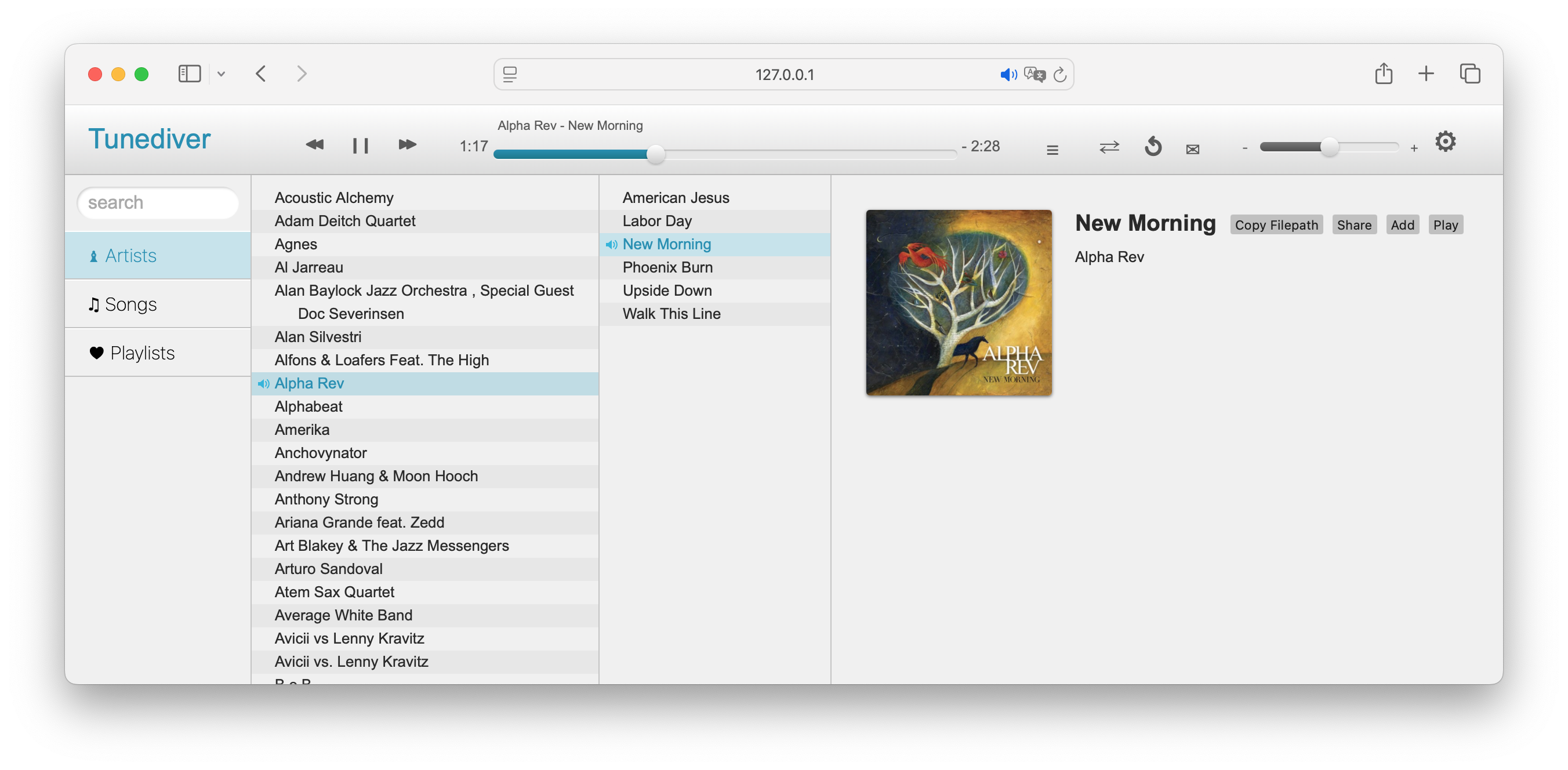 Tunediver web player showing an artist list, songs, and now-playing panel with album art.